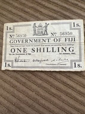 Fiji 1 Shilling, 1942, Fuji One Shilling Emergency Bank Note, Dated January 1942